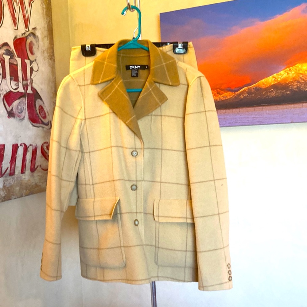 DKNY 2 camel/tan contrast block pinstripe wool & angora suit.